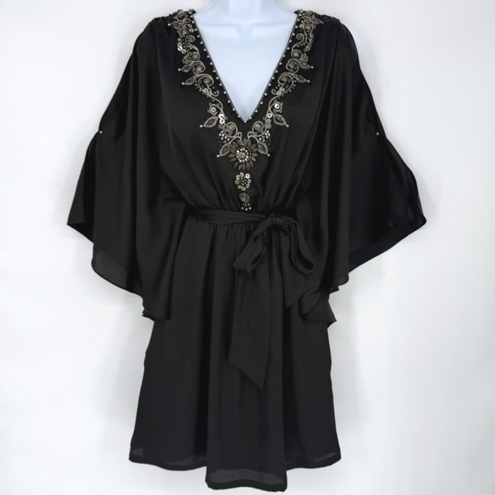 White House Black Market Black Beaded Kaftan Mini Dress Kimono Sleeve Satin S